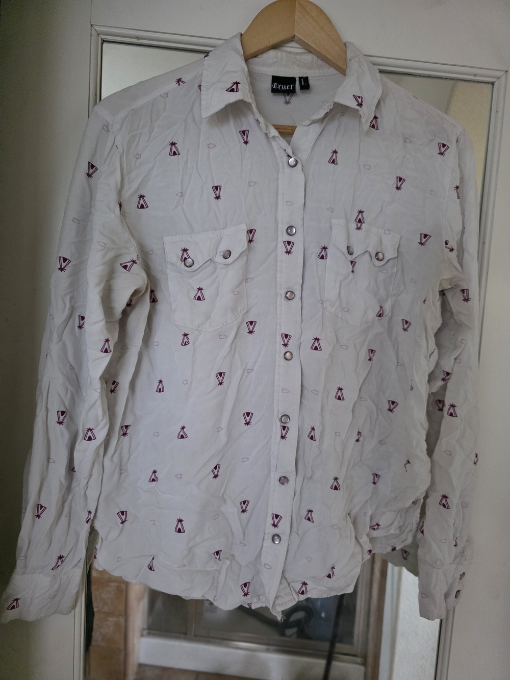 Ecru Long-Sleeve Printed Button-Down Shirt - White with Purple Accents